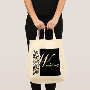 Tote Bag Minuit en manuscrit fleuri noir de mariage de