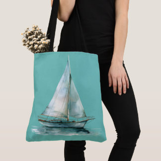 Tote Bag Misty Green Sailboat - Aquarelle Design
