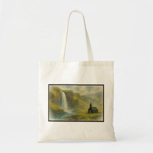 Tote Bag Misty Islande Cascade et église, Land nordique