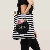 Tote Bag Mme à rayures noires et blanches et fleurs (De près)