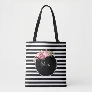 Tote Bag Mme avec rayures noires et blanches et fleurs