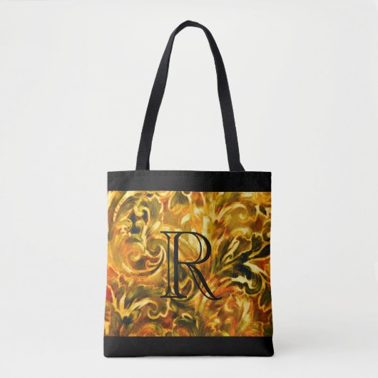 Tote Bag Modèle de Damas de rouille vert or avec Monogramme (Devant)