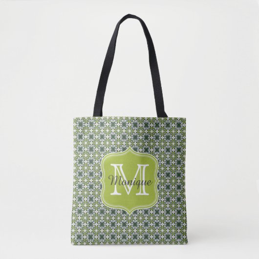 Tote Bag Modèle de fleurs vertes monogramme (Devant)