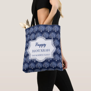 Tote Bag Modèle de menorah bleu joyeux pour Hanukkah