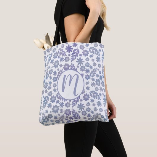 Tote Bag Modèle floral gris et lavande (De près)