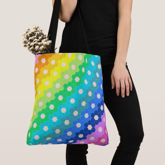 Tote Bag Modèle floral Hexagon géométrique arc-en-ciel vibr (De près)