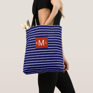 Tote Bag Modèle Monogramme rouge à bandes horizontales bleu