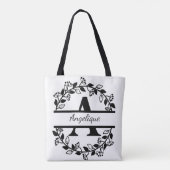 Tote Bag Modern Black Floral Wreath Split Monogram "A" (Dos)
