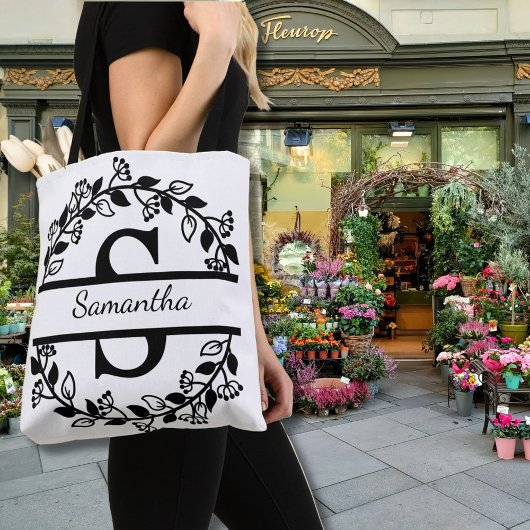 Tote Bag Modern Black Floral Wreath Split Monogram "S"