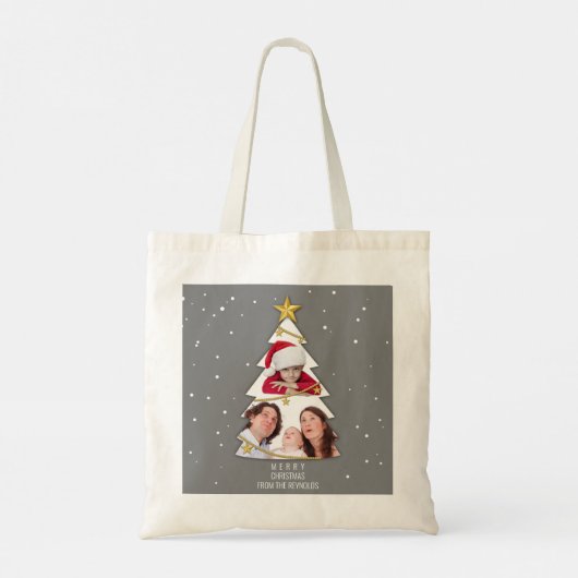 Tote Bag Modern Merry Christmas Tree Photo Collage Gray (Dos)