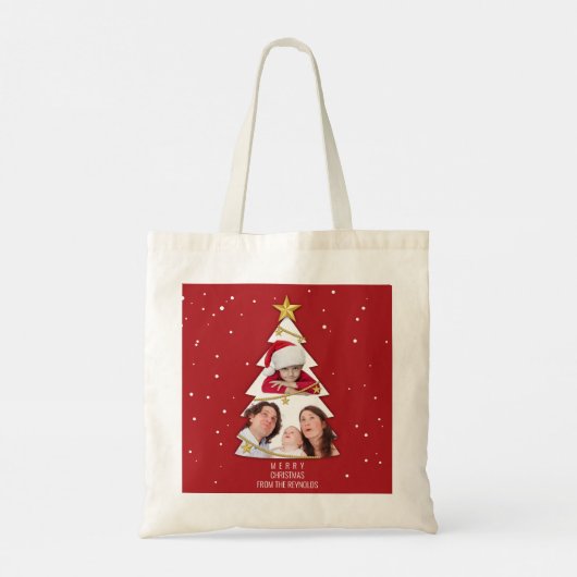 Tote Bag Modern Merry Christmas Tree Photo Collage Red (Dos)