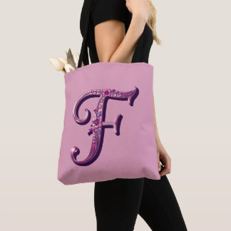 Tote Bag Modern Metallic Rosemaling Letter F, Pink/Purple