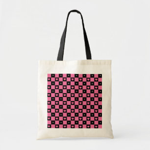 Tote Bag Modern Pink and Black Checker Pattern Girly Hearts