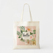 Tote Bag Modern Watercolor Pink Flowers & Hello & Nom (Devant)