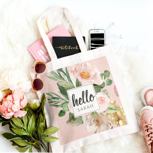 Tote Bag Modern Watercolor Pink Flowers & Hello & Nom