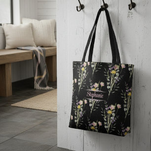 Tote Bag Moderne Black Floral Pays Fleurs sauvages Jeter Pi