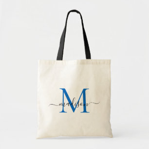 Tote Bag Moderne Chic Bleu Marine Monogramme Élégant Nom de