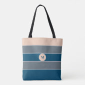 Tote Bag Moderne chic rayé gris bleu pêche monogrammé  (Dos)