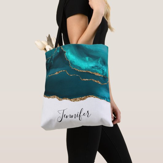 Tote Bag Moderne Design Turquoise Agate & Gold Ribbon sur B (De près)