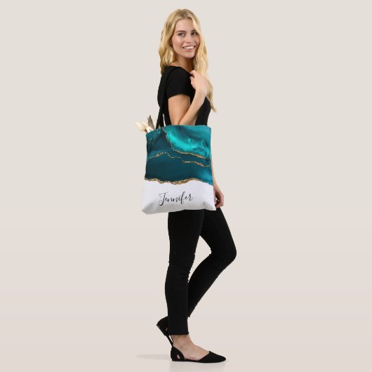 Tote Bag Moderne Design Turquoise Agate & Gold Ribbon sur B (Sur le modèle)