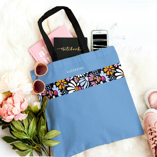 Tote Bag Moderne Élégant Bleu Floral Tendance