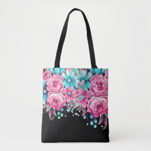Tote Bag Moderne Elegant Festif Rose & Turquoise Floral Fou