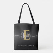 Tote Bag Moderne Élégant Noir Or Monogramme Nom du script (Dos)