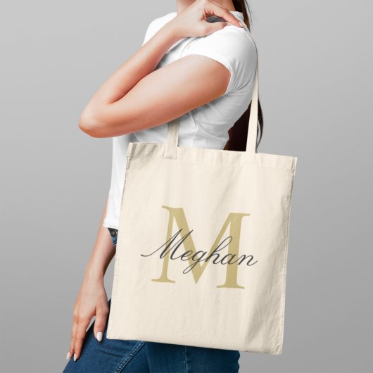 Tote Bag Moderne Elegant Or Noir Monogramme Personnalisé