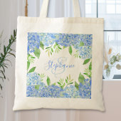 Tote Bag Moderne Floral bleu Hydrangée Aquarelle Monogramme
