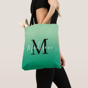 Tote Bag Moderne monogramme de nom dégradé de vert clair à
