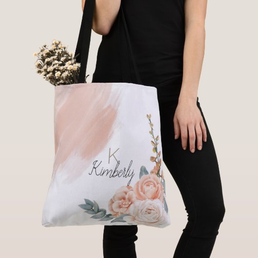 Tote Bag Moderne Monogramme Initial Nom Floral Rose Boho (De près)