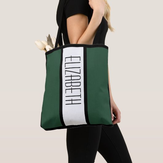 Tote Bag Moderne Monogramme Nom Tendance Vert Noir Blanc (De près)