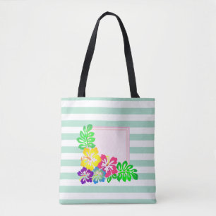 Tote Bag Moderne rayé, hibiscus d'Hawaï - Personnalisé