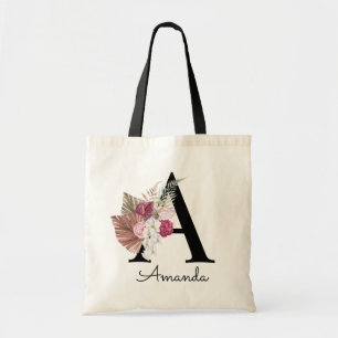Tote Bag Moderne Rose Boho Féminin Floral Initiale A