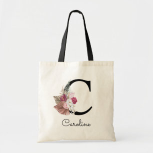 Tote Bag Moderne Rose Boho Féminin Floral Initiale C
