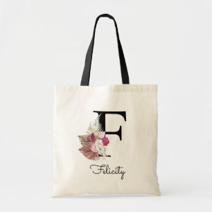 Tote Bag Moderne Rose Boho Féminin Floral Initiale F