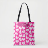 Tote Bag Moderne rose et blanc Doodled Heart Valentine Nom (Devant)