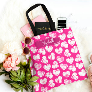 Tote Bag Moderne rose et blanc Doodled Heart Valentine Nom