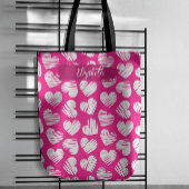 Tote Bag Moderne rose et blanc Doodled Heart Valentine Nom