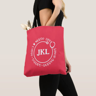Tote Bag Moderne Rouge Blanc Monogramme Stethoscope Infirmi