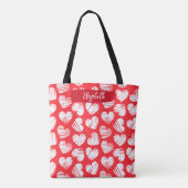 Tote Bag Moderne Rouge et Blanc Doodled Heart Valentine Nom (Dos)