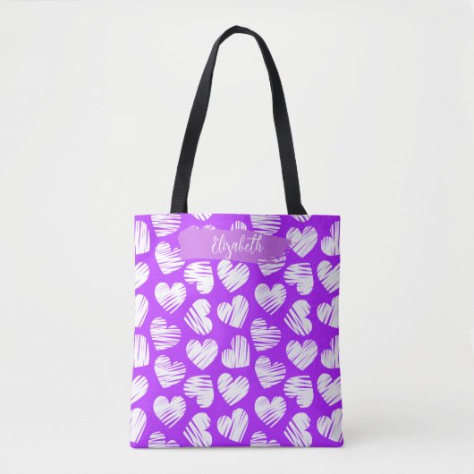 Tote Bag Moderne violet blanc Doodé Coeur Valentine Nom (Devant)