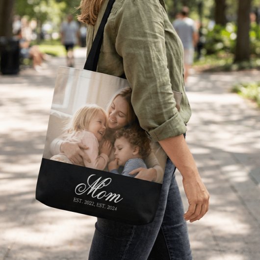 Tote Bag Mom Established Black Elegant Script Photo