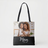 Tote Bag Mom Established Date White Script Photo on Black (Devant)