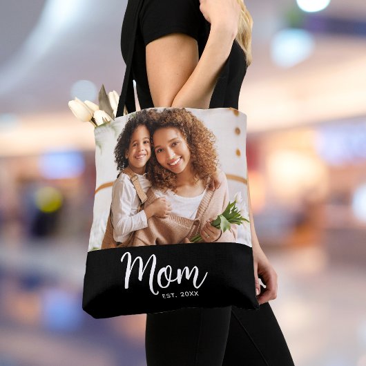 Tote Bag Mom Established Date White Script Photo on Black 