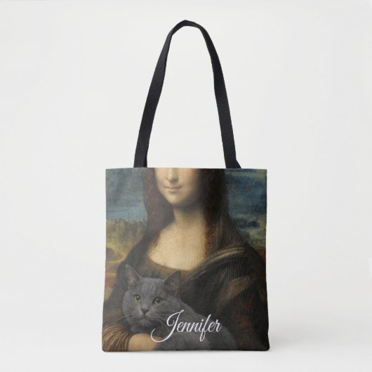 Tote Bag Mona Lisa Holding Elegant Gray Cat (Devant)