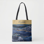 Tote Bag Monogram Blue Gold Parties scintillant Agate Marbr (Devant)