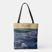 Tote Bag Monogram Blue Gold Parties scintillant Agate Marbr (Dos)