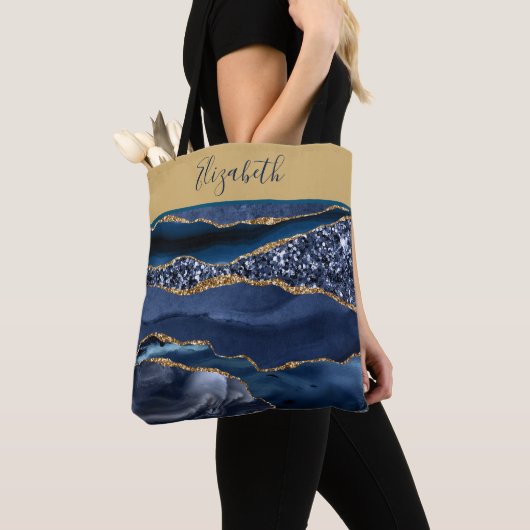 Tote Bag Monogram Blue Gold Parties scintillant Agate Marbr (De près)