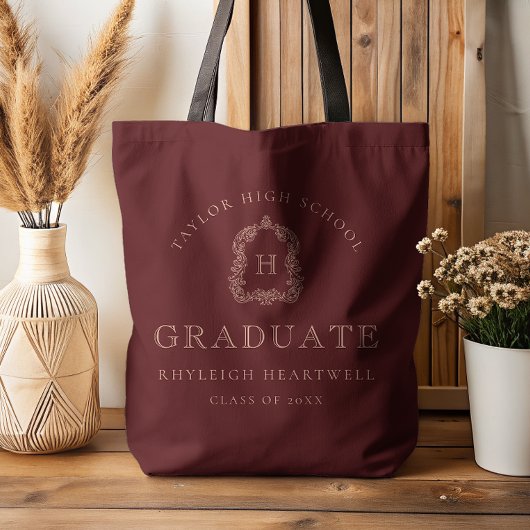 Tote Bag Monogram Crest Burgundy Red Rose Graduation
